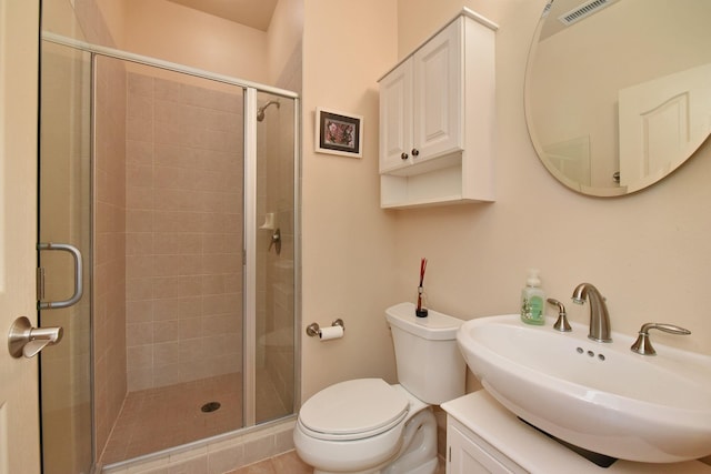 bathroom featuring toilet, a shower stall, visible vents, and vanity