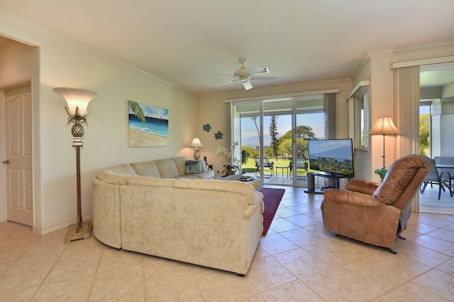 living room featuring ornamental molding, light tile patterned flooring, baseboards, and a ceiling fan