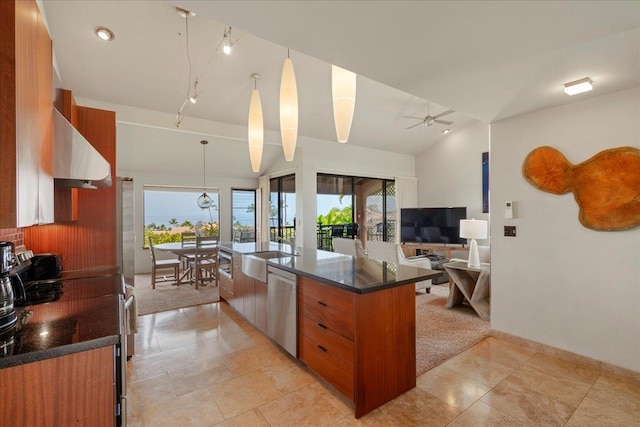 kitchen with a ceiling fan, under cabinet range hood, brown cabinets, and dishwasher