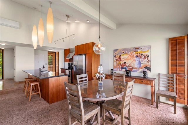 dining space featuring beamed ceiling, light colored carpet, high vaulted ceiling, and a wall mounted air conditioner
