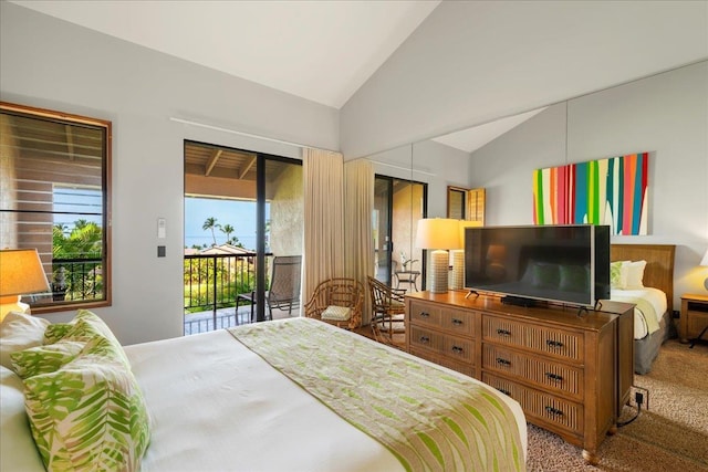 bedroom with access to outside, vaulted ceiling, and carpet flooring