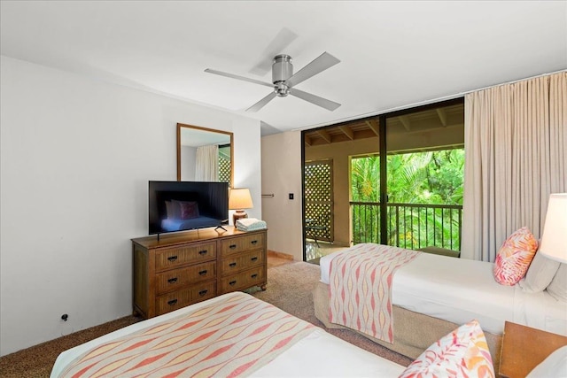 carpeted bedroom with access to outside and a ceiling fan