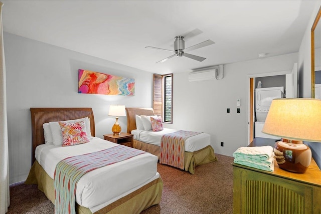 carpeted bedroom with an AC wall unit, stacked washer and clothes dryer, and ceiling fan