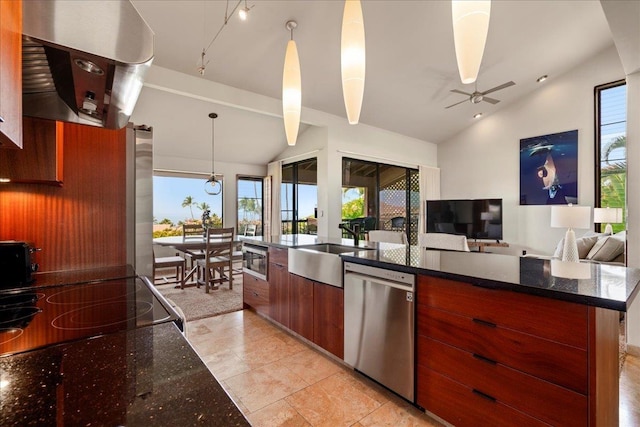 kitchen featuring modern cabinets, stainless steel dishwasher, a sink, ventilation hood, and lofted ceiling