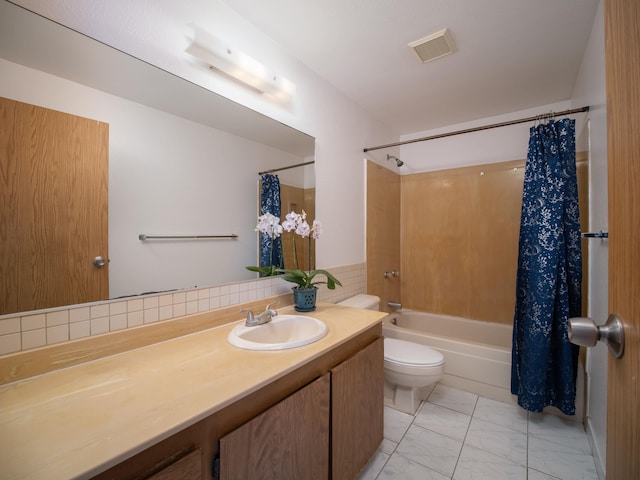 full bathroom with toilet, tasteful backsplash, shower / bath combo, and vanity