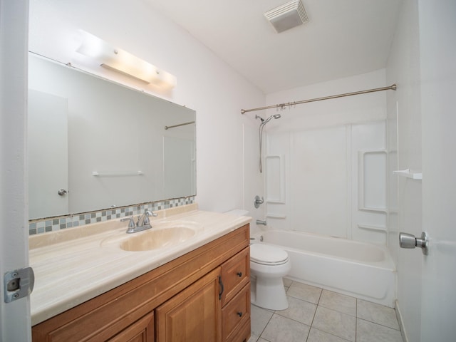 full bathroom featuring toilet, decorative backsplash, tile patterned floors, shower / bathtub combination, and vanity