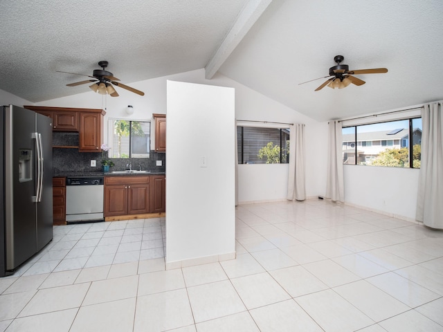 kitchen featuring stainless steel fridge with ice dispenser, lofted ceiling with beams, dishwashing machine, a textured ceiling, and backsplash