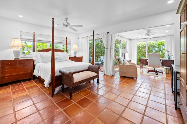 tiled bedroom with ceiling fan and access to exterior