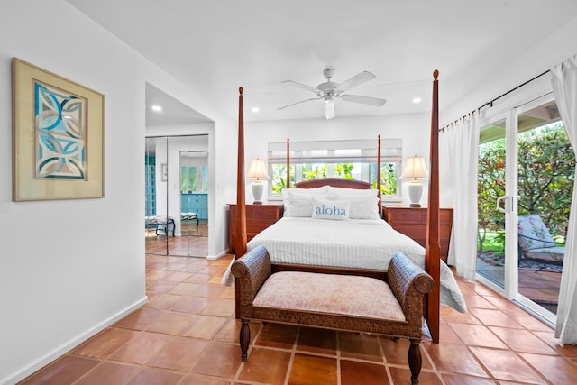 bedroom featuring ceiling fan, access to outside, and light tile floors