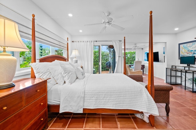 bedroom featuring access to outside, tile flooring, and ceiling fan