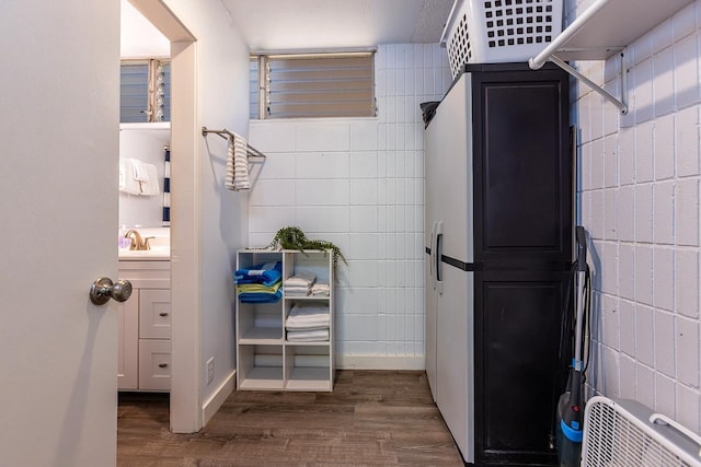 bathroom with wood-type flooring and sink