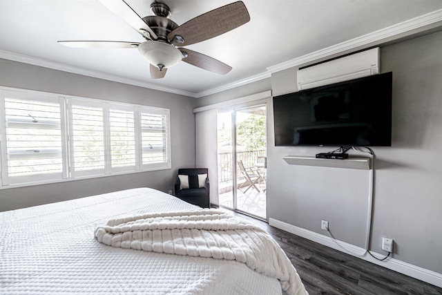bedroom with a wall unit AC, ornamental molding, baseboards, access to exterior, and wood finished floors