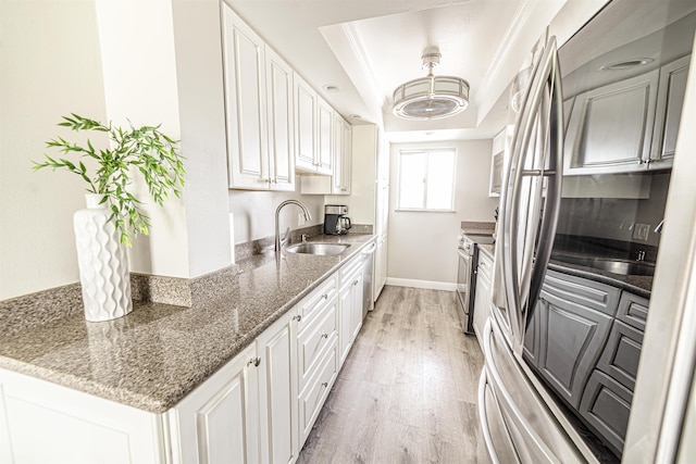 kitchen featuring white cabinetry, a tray ceiling, ornamental molding, a sink, and light wood-style floors