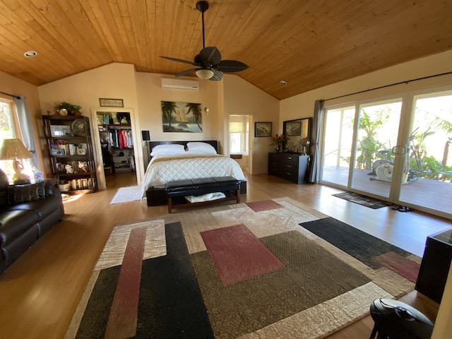 bedroom featuring ceiling fan, wooden ceiling, a wall mounted AC, access to outside, and light wood-type flooring