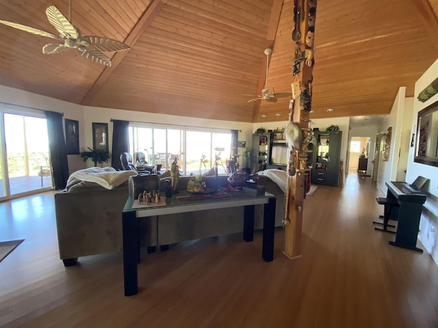 living room featuring hardwood / wood-style floors, ceiling fan, wooden ceiling, and high vaulted ceiling