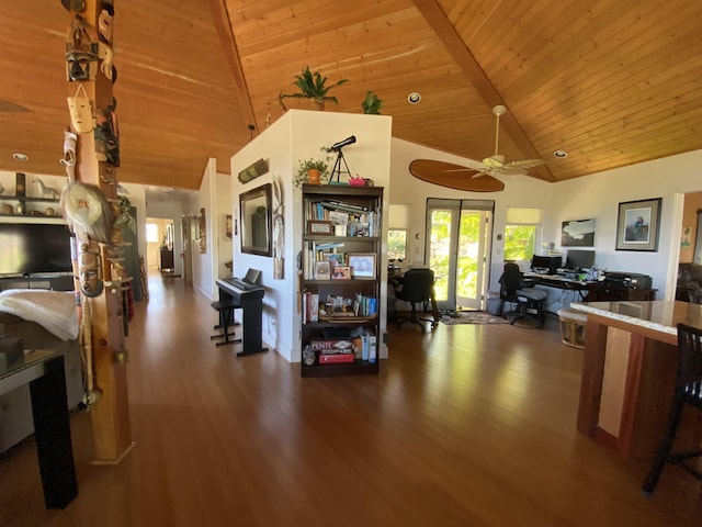 interior space featuring ceiling fan, high vaulted ceiling, wood ceiling, and wood-type flooring