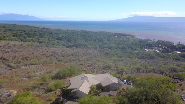 aerial view featuring a water and mountain view