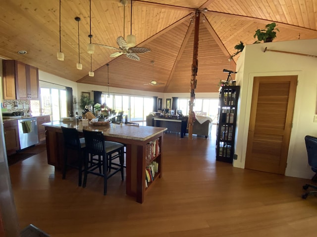 kitchen featuring ceiling fan, hanging light fixtures, stainless steel dishwasher, an island with sink, and wood ceiling