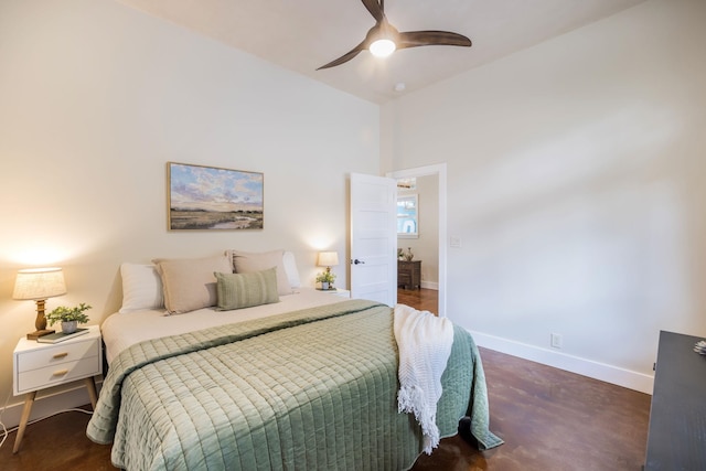 bedroom with high vaulted ceiling, baseboards, and ceiling fan