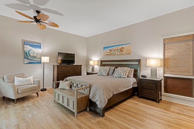 bedroom featuring ceiling fan and light wood-type flooring