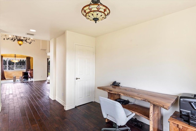 office with dark hardwood / wood-style floors