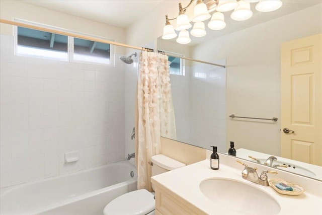 full bathroom with vanity, toilet, and shower / bathtub combination with curtain