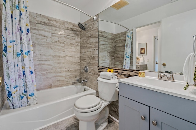 full bathroom with toilet, tasteful backsplash, tile walls, vanity, and shower / bath combo