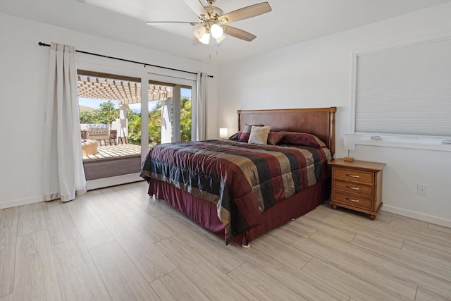 bedroom with ceiling fan and light wood-type flooring