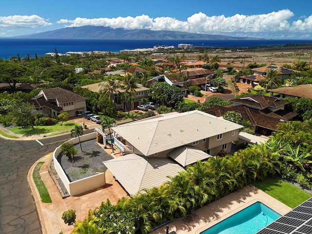 bird's eye view featuring a water and mountain view