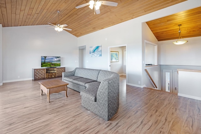 living room with ceiling fan, high vaulted ceiling, wooden ceiling, and light hardwood / wood-style floors