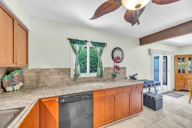 kitchen featuring decorative backsplash, light tile patterned floors, dishwasher, beam ceiling, and a ceiling fan