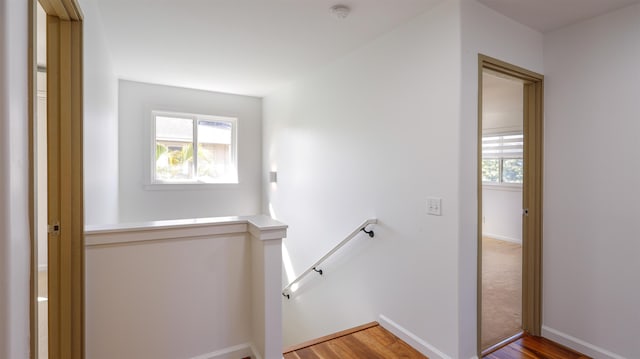 stairway featuring a wealth of natural light, baseboards, and wood finished floors
