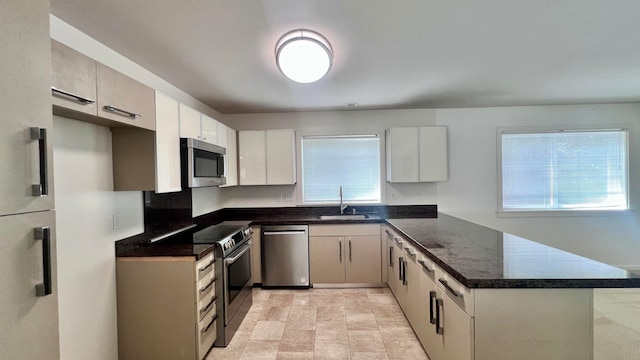 kitchen featuring white cabinets, kitchen peninsula, sink, appliances with stainless steel finishes, and dark stone countertops