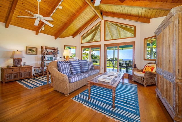 living room featuring high vaulted ceiling, wood ceiling, hardwood / wood-style flooring, and beamed ceiling