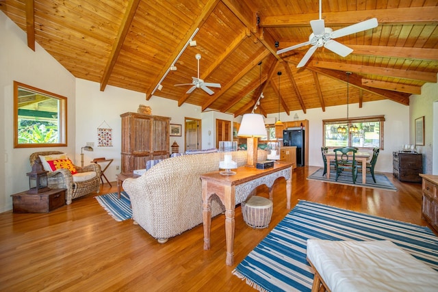 living room with beam ceiling, wood-type flooring, high vaulted ceiling, and wooden ceiling