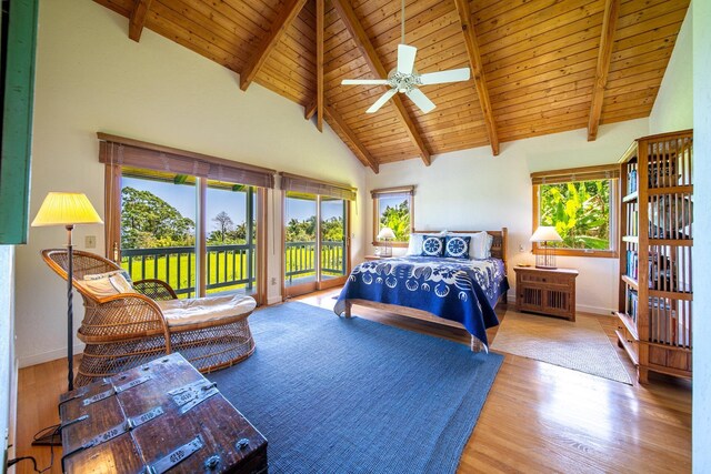 bedroom featuring wooden ceiling, hardwood / wood-style floors, access to outside, and beamed ceiling