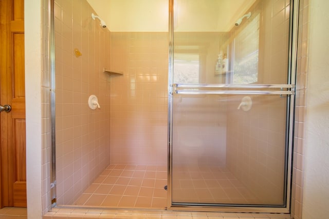 bathroom with tile patterned flooring and a shower with door