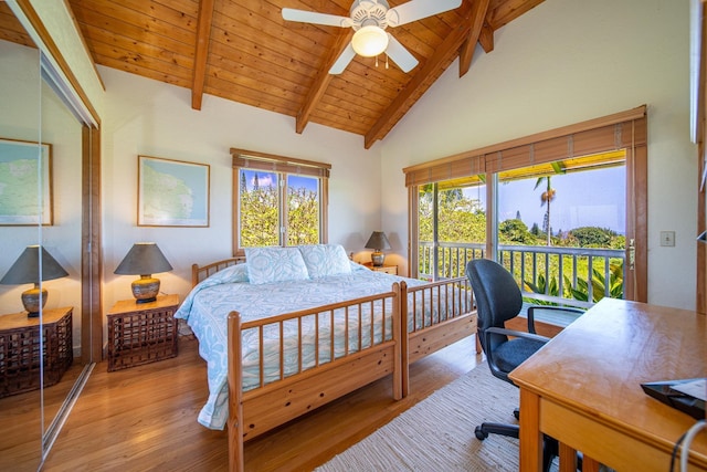 bedroom featuring ceiling fan, light hardwood / wood-style floors, beamed ceiling, high vaulted ceiling, and wooden ceiling