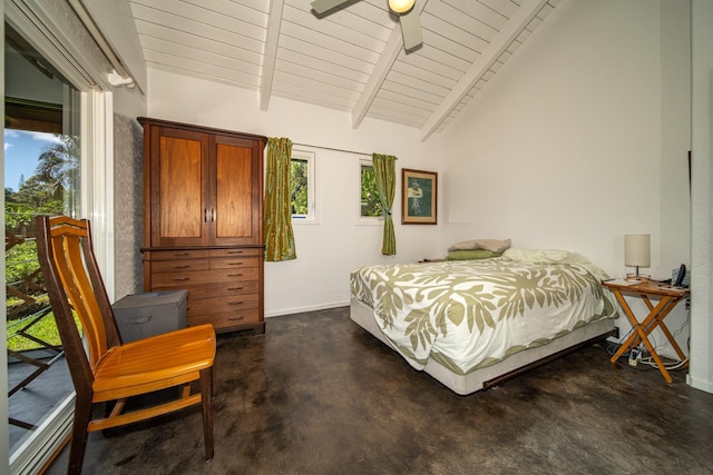 bedroom featuring ceiling fan, lofted ceiling with beams, access to exterior, and wood ceiling