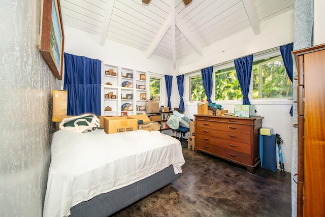 carpeted bedroom with wooden ceiling, beam ceiling, and multiple windows