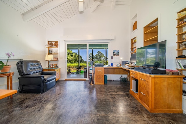 office space with beam ceiling, wood ceiling, and high vaulted ceiling