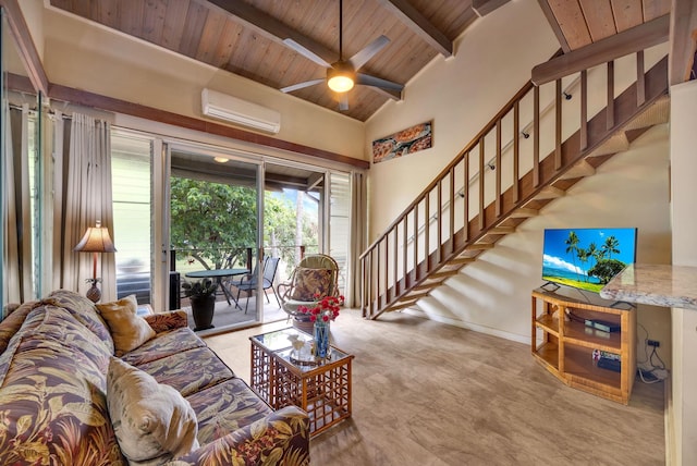 living room with a wall unit AC, wood ceiling, high vaulted ceiling, beamed ceiling, and baseboards