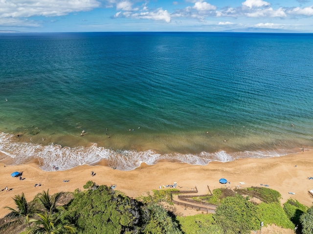 birds eye view of property featuring a beach view and a water view