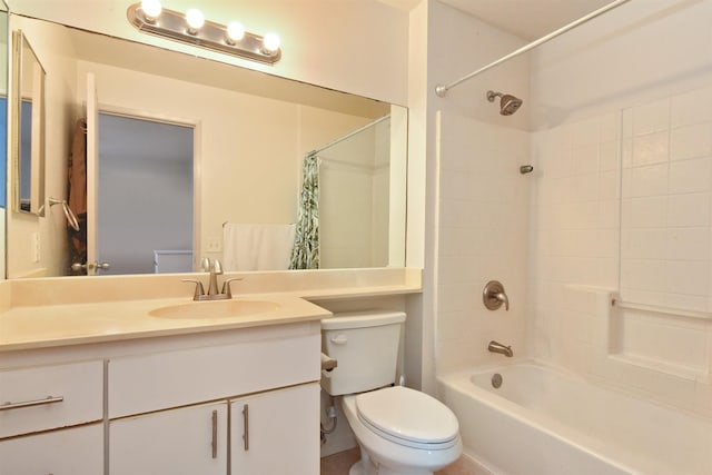 bathroom with shower / bathtub combination with curtain, toilet, and vanity