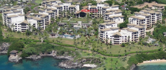 drone / aerial view with a water view