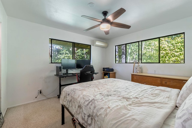 carpeted bedroom featuring ceiling fan, multiple windows, and a wall mounted air conditioner