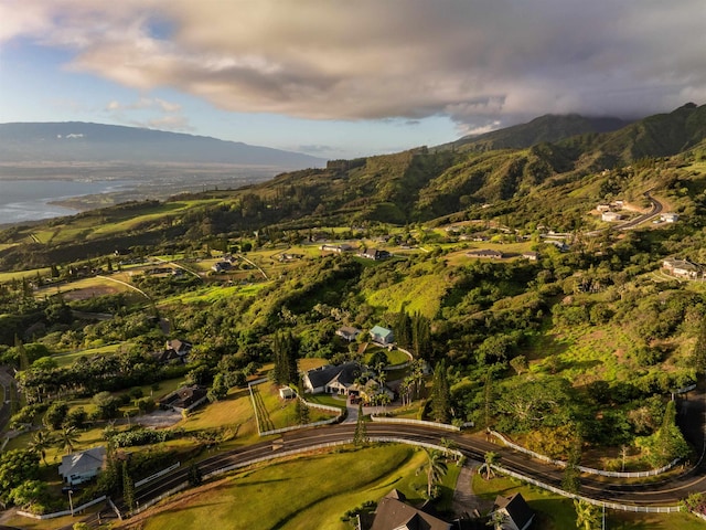 aerial view featuring a water and mountain view