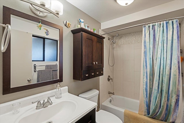 full bathroom featuring vanity, shower / bathtub combination with curtain, and toilet