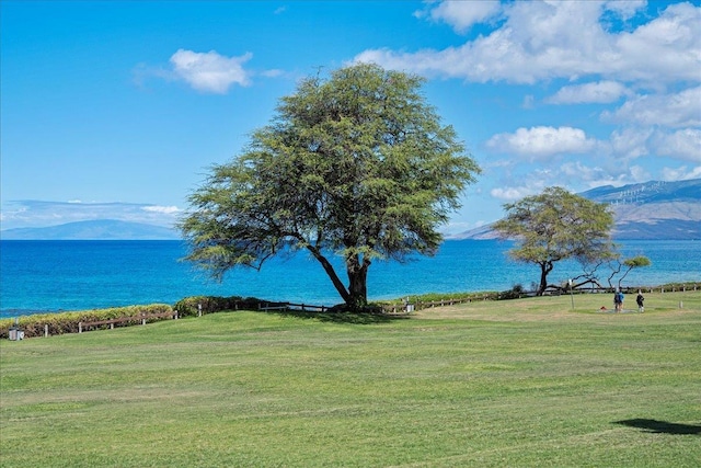 view of property's community with a yard and a water and mountain view