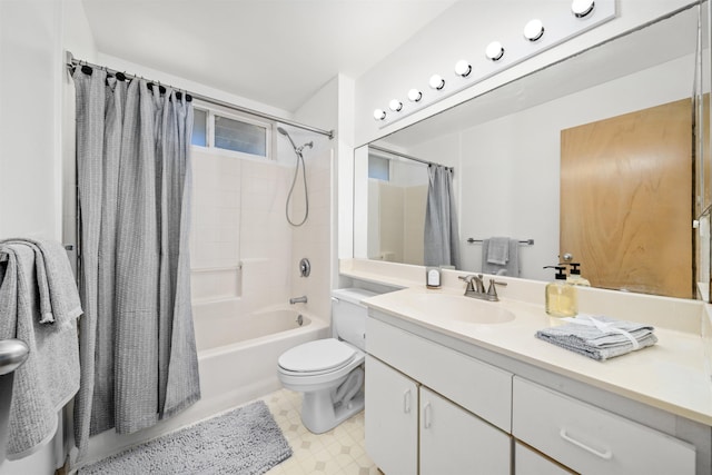 full bathroom with toilet, vanity, and shower / bath combination with curtain